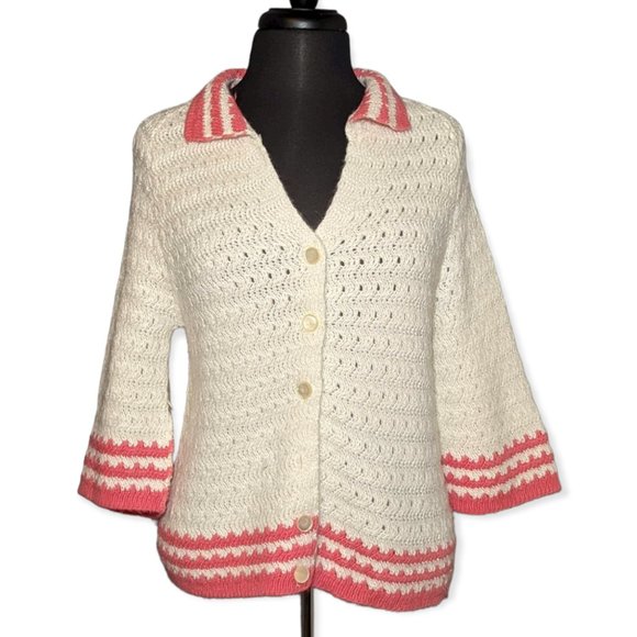 Vintage Button Front Sweater in White & Pink Size Medium - Picture 1 of 10